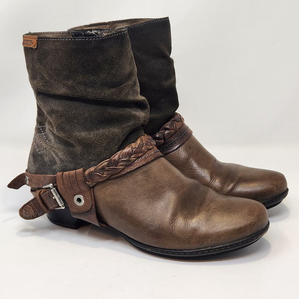 Pikolinos Women Brown Leather Suede Western Moto Ankle Boots Size 39 US 8.5 Zip